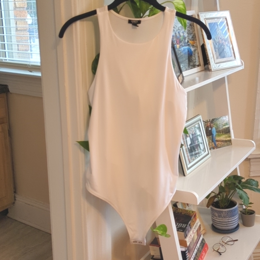 NWOT Express White Body Contour Double Layer High Neck Thong Bodysuit